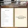 Open workbook showing the detailed Table of Contents for the Growth Mindset journey, including sections on Self-Love and Transforming Your Mindset.