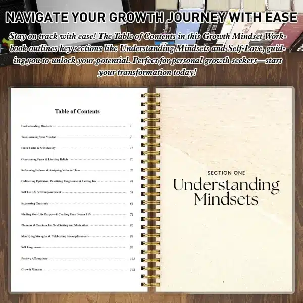Open workbook showing the detailed Table of Contents for the Growth Mindset journey, including sections on Self-Love and Transforming Your Mindset.