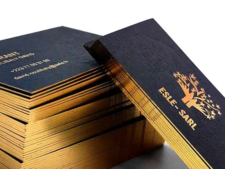 Close-up of matte gold hot stamping on black specialty paper