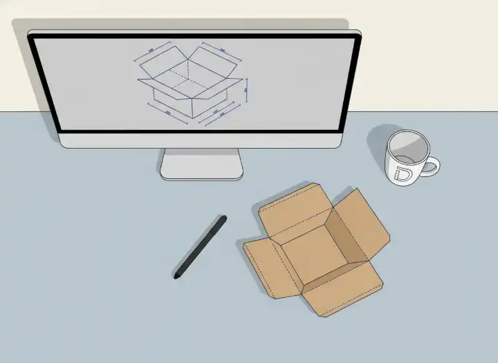A professional workspace showing a digital packaging dieline on a monitor next to a physical cardboard box sample