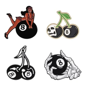 Edgy 8-Ball and Skull Cherry Enamel Lapel Pins