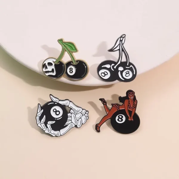 Edgy 8-Ball and Skull Cherry Enamel Lapel Pins