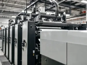 High-tech printing press in operation, showcasing precision and quality in a clean industrial environment