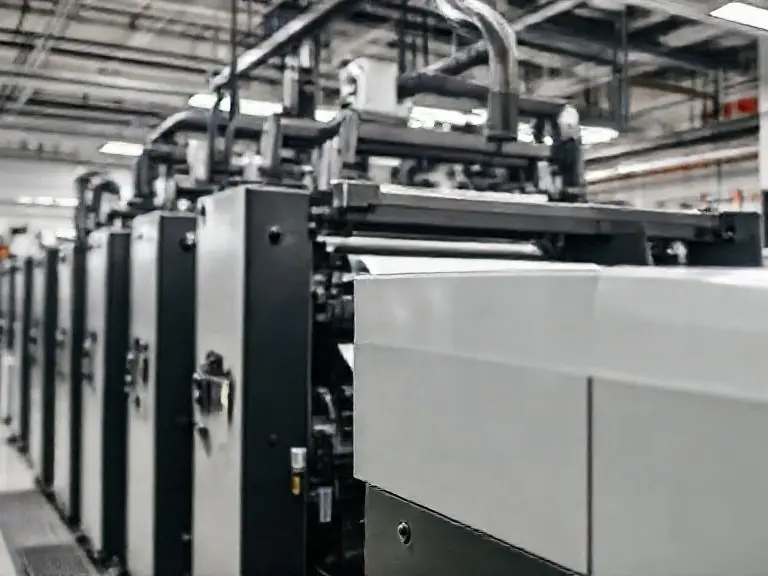 High-tech printing press in operation, showcasing precision and quality in a clean industrial environment
