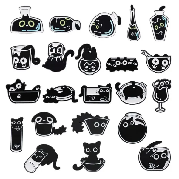 Minimalist Liquid Black Cat Tableware Enamel Pin Set