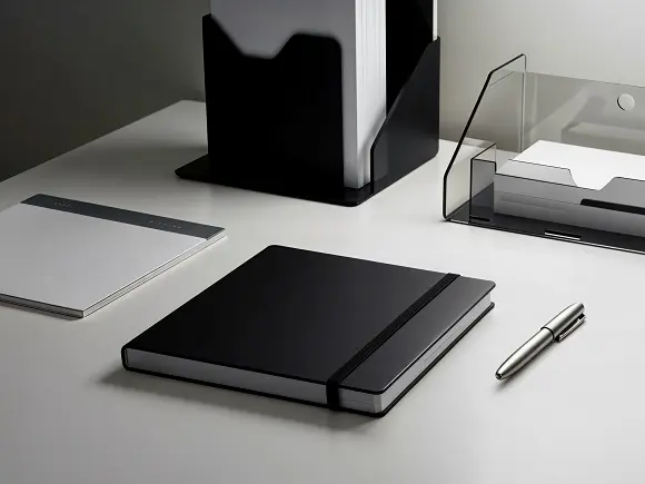 Modern office space with a neatly arranged employee welcome kit on a desk, featuring a branded notebook, pen, and a sleek custom box
