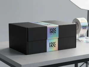 Premium holographic logo stickers on a luxury black shipping box