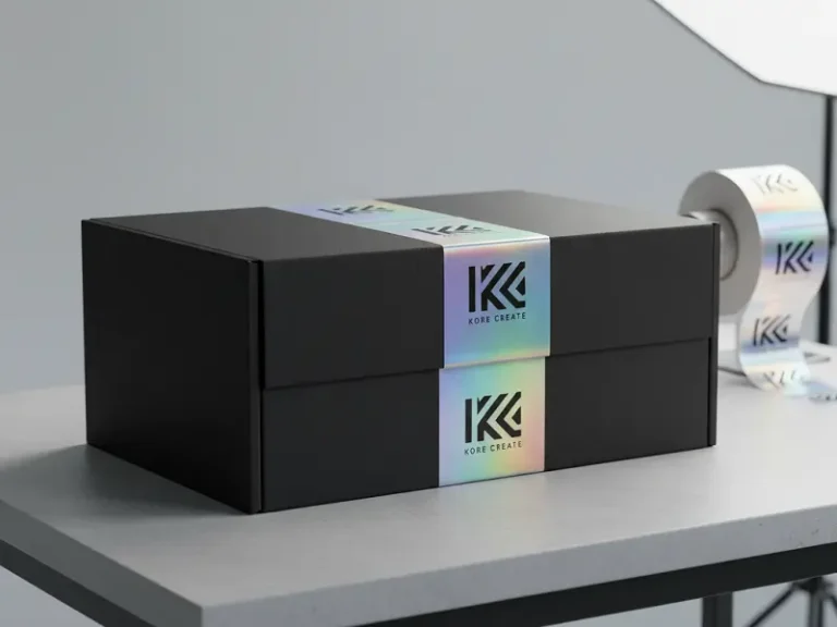 Premium holographic logo stickers on a luxury black shipping box