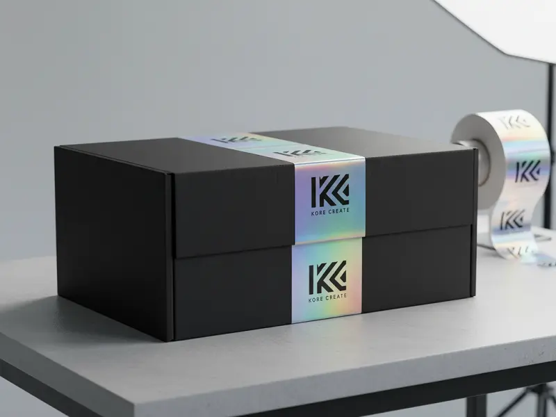 Premium holographic logo stickers on a luxury black shipping box