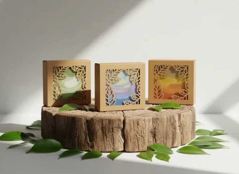 Artisanal soap bars in Kraft paper boxes with leaf-shaped die-cut windows