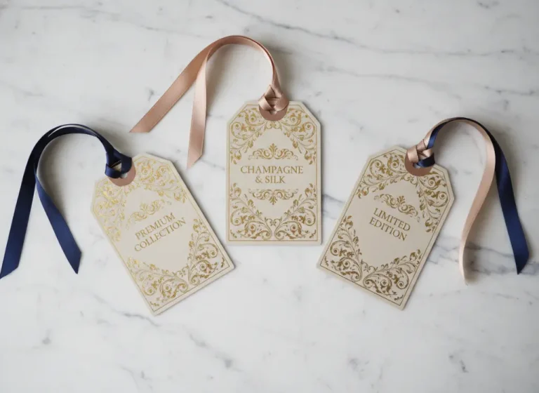 Luxury hang tag with gold foil and silk ribbon