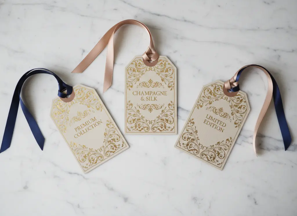 Luxury hang tag with gold foil and silk ribbon
