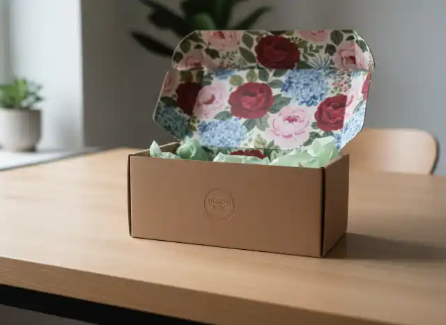 Premium custom corrugated mailer box open revealing vibrant full-color interior printing and minimalist kraft exterior on wooden table