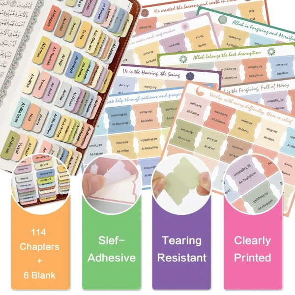 Quran Chapter Tabs Stickers - English Study Aid in Orange Design