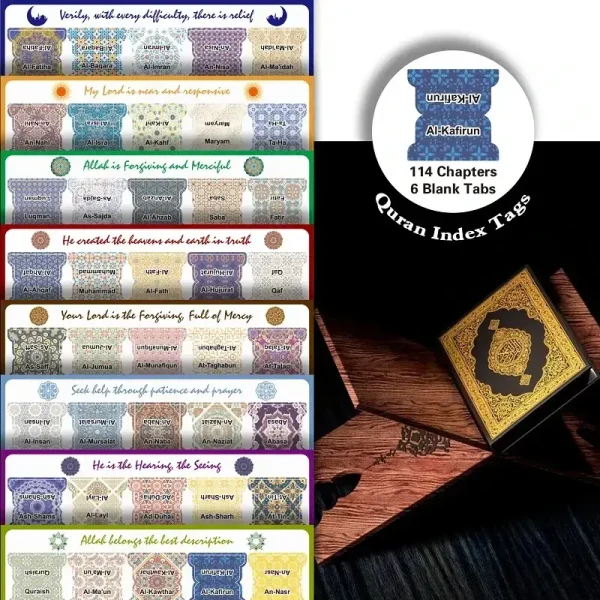 Quran Index Tabs - 114 Chapters 6 Blank, Tear-Resistant, Self-Adhesive, Durable, Perfect for Quran Study and Gifts