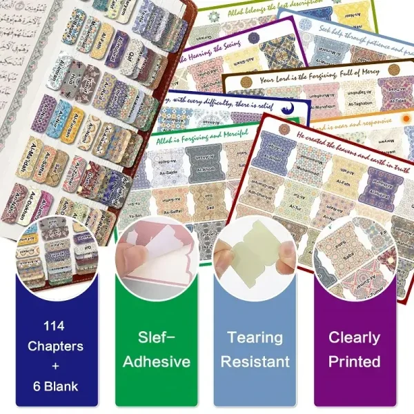Quran Index Tabs - 114 Chapters 6 Blank, Tear-Resistant, Self-Adhesive, Durable, Perfect for Quran Study and Gifts