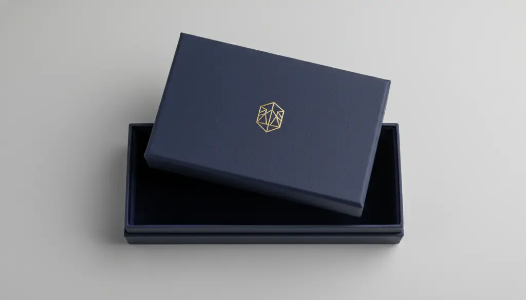 A close-up of a Quiet Luxury rigid box in a deep navy blue with a subtle gold foil logo on the lid. The box is slightly ajar, revealing a hidden magnetic closure and a matching velvet interior.