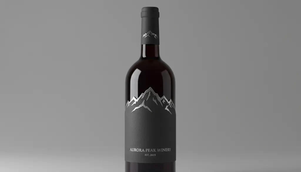 A collection of three wine bottles showing Irregular Die Cuts. One label follows the shape of a mountain range, another is a circular crest, and the third creates a wrap-around vine effect, demonstrating that