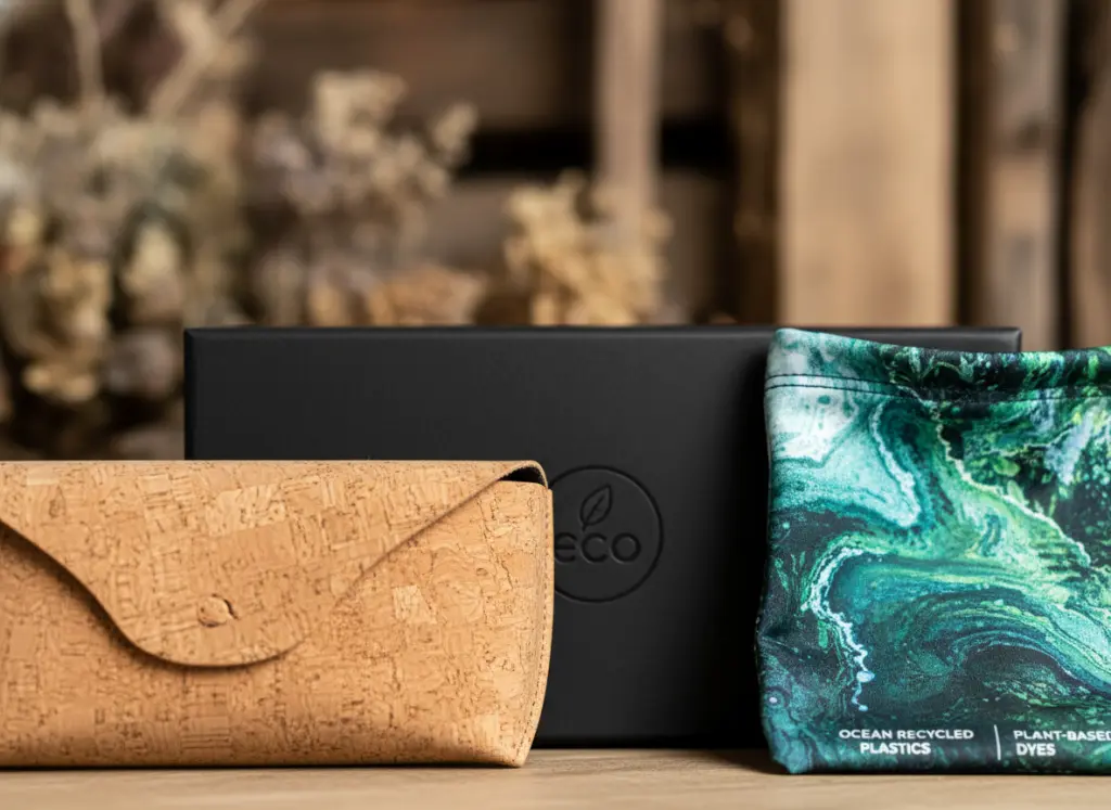 FEATURED A high-end studio shot displaying a cohesive eyewear packaging suite a matte black magnetic rigid box (open), a triangular cork-leather hard case (collapsed flat next to it), and a vibrant, full-color