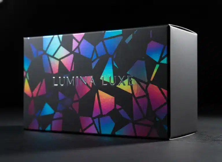 A high-resolution, close-up shot of a premium cosmetic box with a broken glass holographic pattern. The box catches the light, shifting from cyan to magenta. The background is a dark, matte studio setting to e