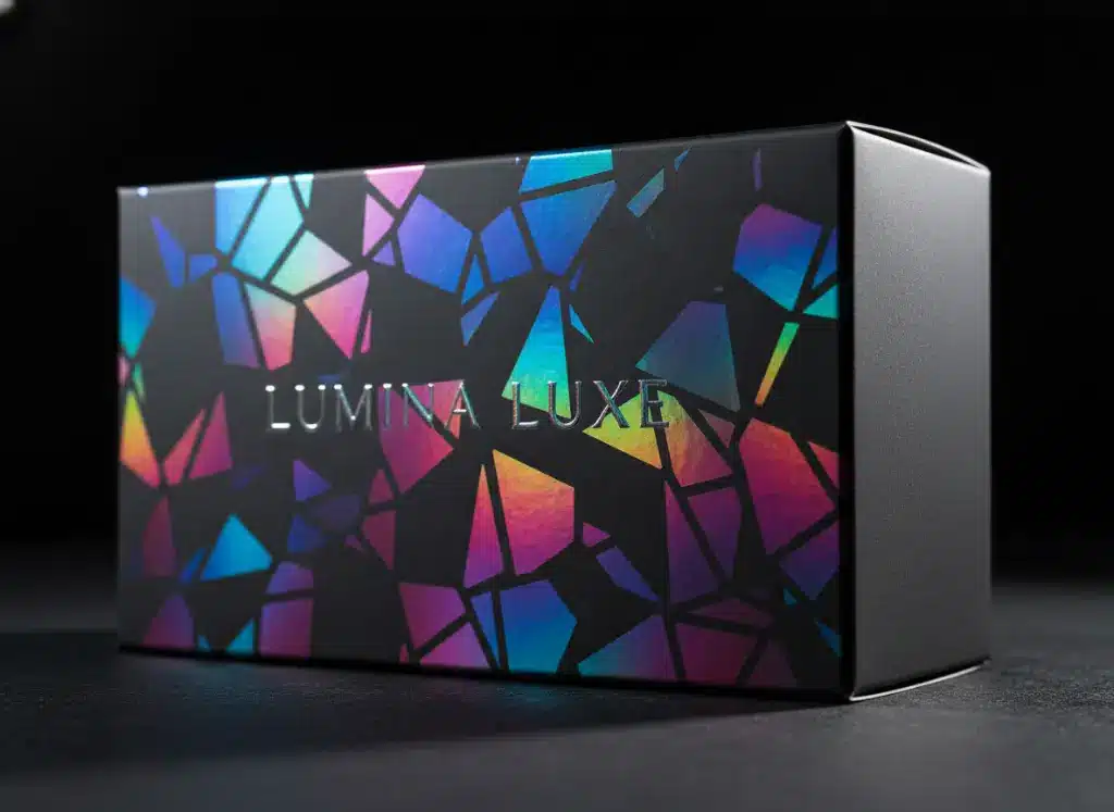 A high-resolution, close-up shot of a premium cosmetic box with a broken glass holographic pattern. The box catches the light, shifting from cyan to magenta. The background is a dark, matte studio setting to e