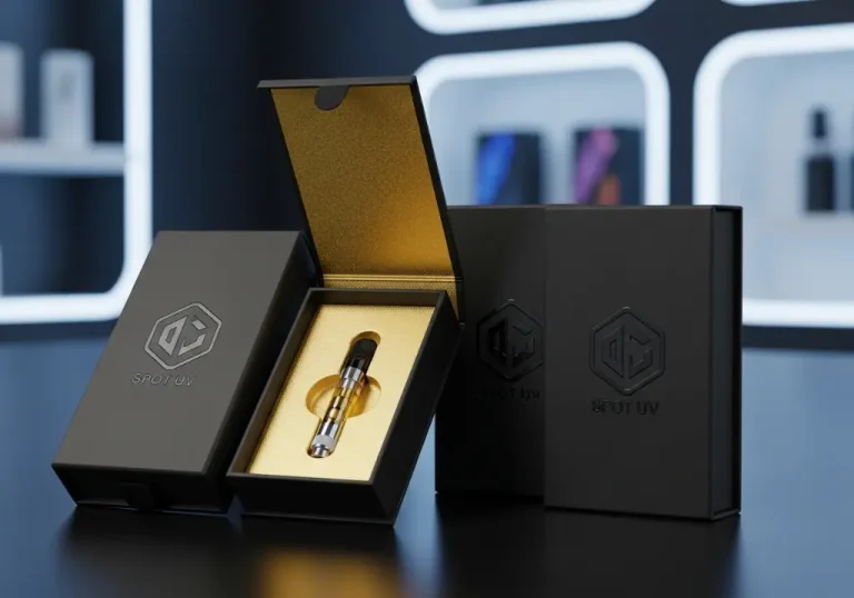 A high-resolution, close-up studio shot of three premium vape cartridge boxes arranged dynamically. The boxes feature a matte black soft-touch finish with raised spot UV logos reflecting light. One box is open