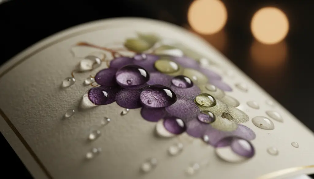 A macro close-up of a wine label showing "High-Build Varnish." Clear, glossy, raised droplets are applied over a printed grape cluster design, making them look like real water drops sitting on the matte paper surface.