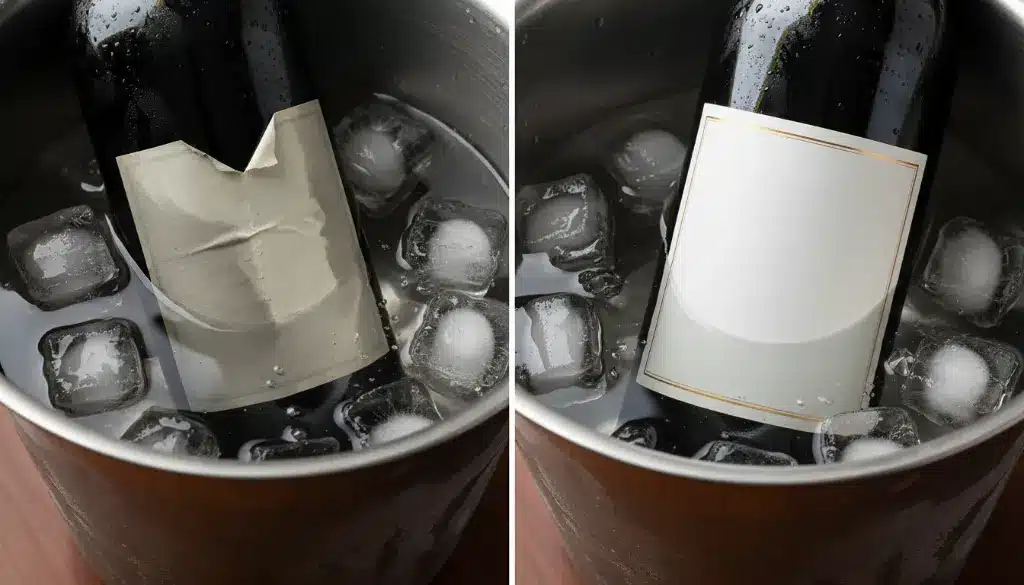 A split-screen comparison. On the left, a standard paper label on a wine bottle in an ice bucket looks gray, wrinkled, and peeling. On the right, a bottle with Ice Bucket wet-strength paper remains perfectly s