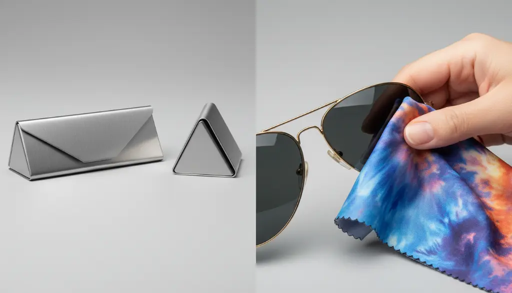 A split shot showing a flat, folded triangular case next to its popped-up 3D form. Beside it, a hand holds a branded microfiber pouch, demonstrating its use as a lens cleaning cloth.