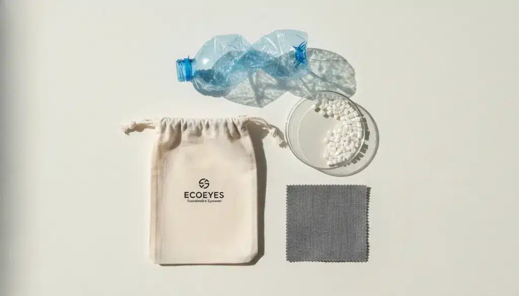 An infographic-style photo showing the lifecycle of an rPET microfiber pouch from plastic bottle, to pellets, to fiber, to the final printed pouch.