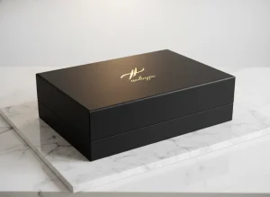Luxury PR box with matte black finish and gold foil branding