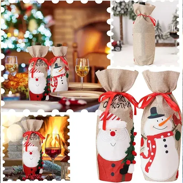 Christmas Embroidered Linen Wine Bottle Gift Covers