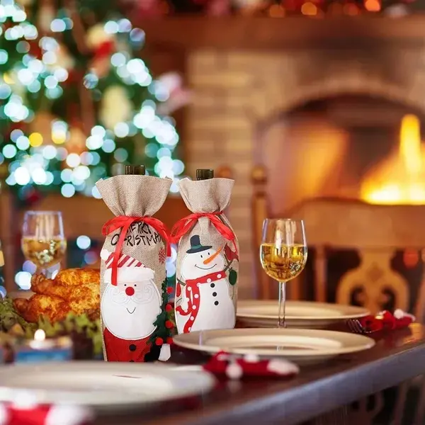 Christmas Embroidered Linen Wine Bottle Gift Covers