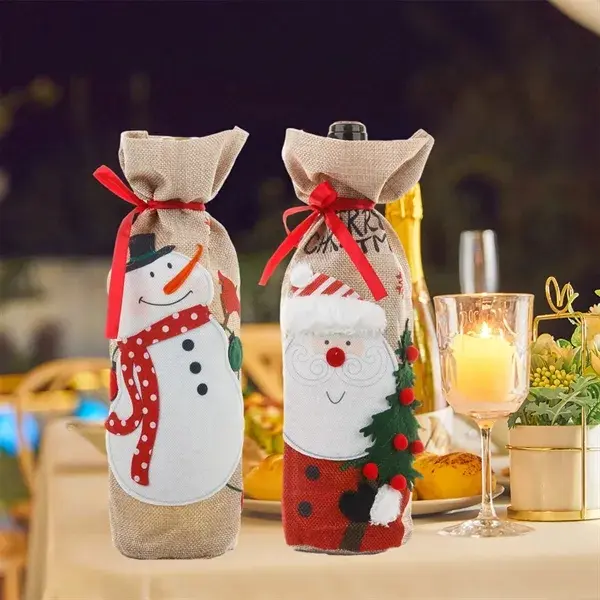 Christmas Embroidered Linen Wine Bottle Gift Covers