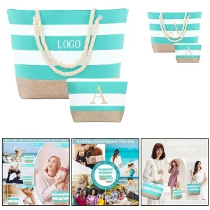Personalized Striped Canvas Tote and Makeup Bag Set