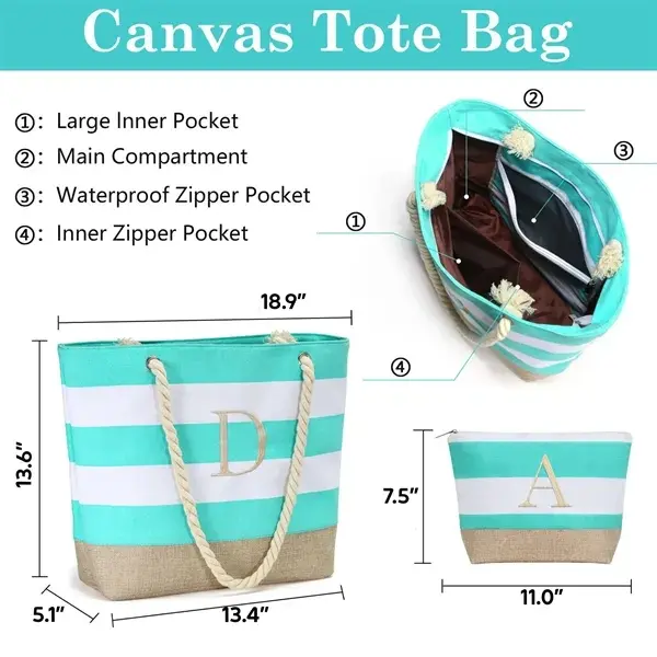 Personalized Striped Canvas Tote and Makeup Bag Set