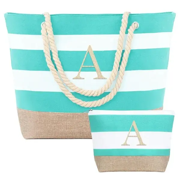 Personalized Striped Canvas Tote and Makeup Bag Set