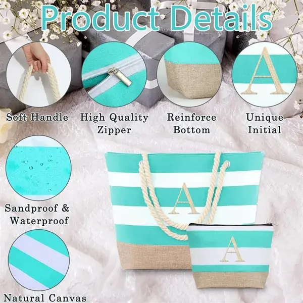 Personalized Striped Canvas Tote and Makeup Bag Set