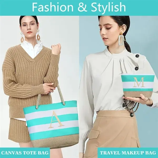 Personalized Striped Canvas Tote and Makeup Bag Set