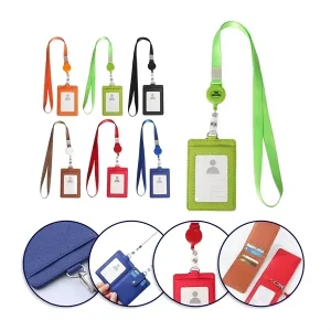Premium Retractable PU Leather ID Badge Holder with Neck Lanyard