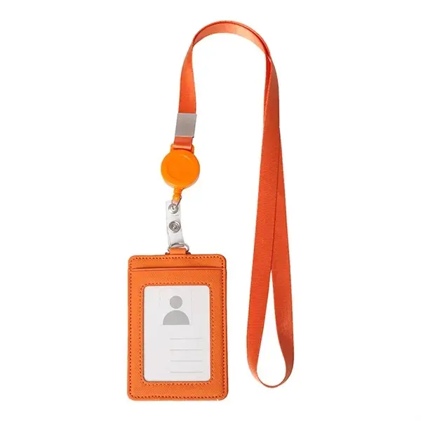 Premium Retractable PU Leather ID Badge Holder with Neck Lanyard