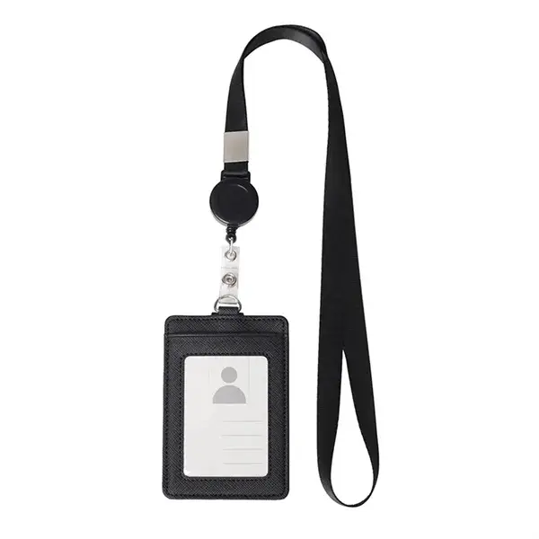 Premium Retractable PU Leather ID Badge Holder with Neck Lanyard