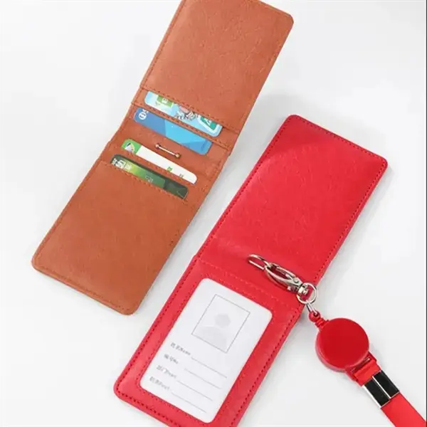 Premium Retractable PU Leather ID Badge Holder with Neck Lanyard