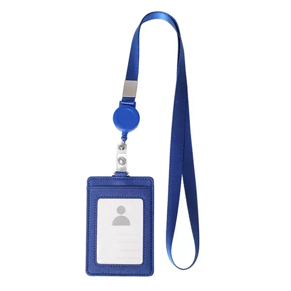 Premium Retractable PU Leather ID Badge Holder with Neck Lanyard