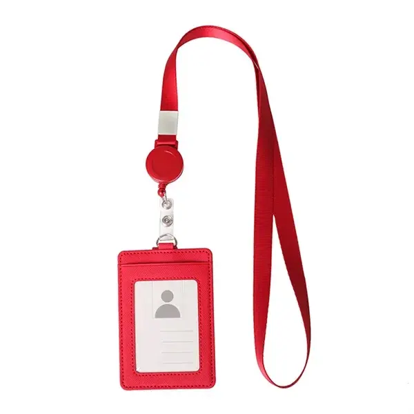 Premium Retractable PU Leather ID Badge Holder with Neck Lanyard