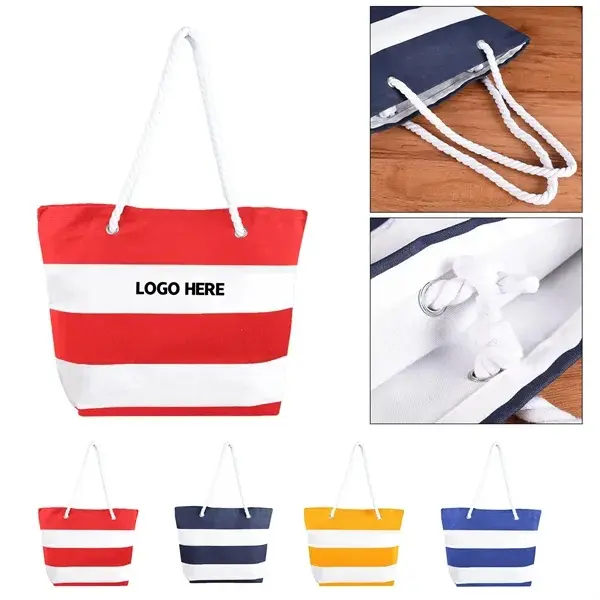 Nautical Striped Canvas Beach Tote Bag