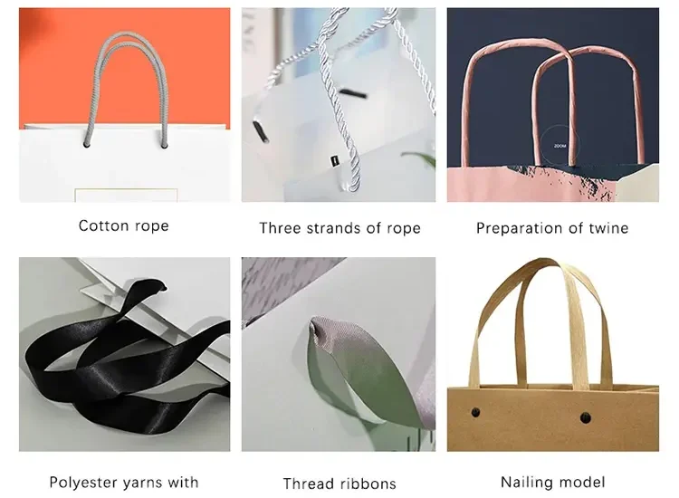 White cotton rope handle for eco-friendly paper bags Satin ribbon handle for luxury gift packaging Reinforced handle with metal eyelets for heavy duty bags